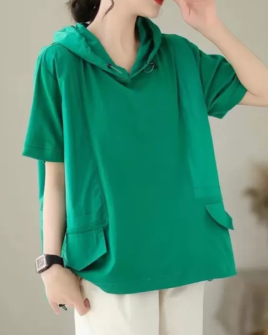 Drawstring Solid Color Split-Joint Hooded Loose Hooded T-Shirts Tops