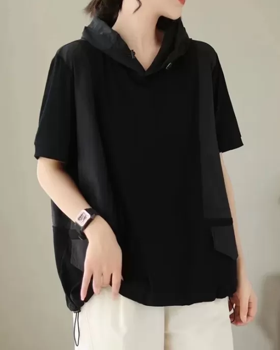 Drawstring Solid Color Split-Joint Hooded Loose Hooded T-Shirts Tops