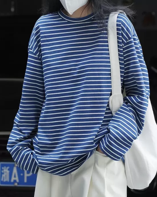 Striped Long Sleeves Round-neck T-Shirts Tops