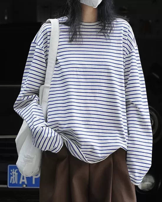 Striped Long Sleeves Round-neck T-Shirts Tops