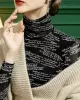 Gauze Letter Print Long Sleeves Skinny High-Neck T-Shirts