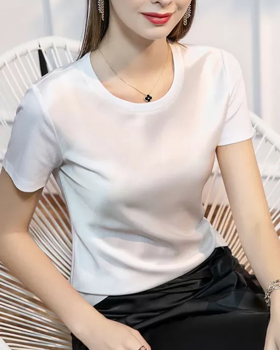 Solid Color Short Sleeves Round-neck T-Shirts Tops