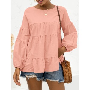 Casual Long Sleeves Puff Sleeves Solid Color Round-Neck T-Shirts Tops