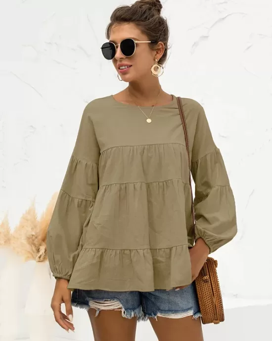 Casual Long Sleeves Puff Sleeves Solid Color Round-Neck T-Shirts Tops