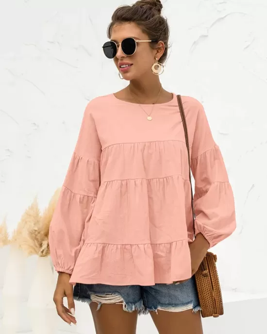 Casual Long Sleeves Puff Sleeves Solid Color Round-Neck T-Shirts Tops