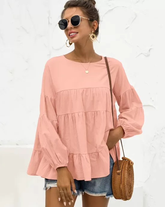 Casual Long Sleeves Puff Sleeves Solid Color Round-Neck T-Shirts Tops