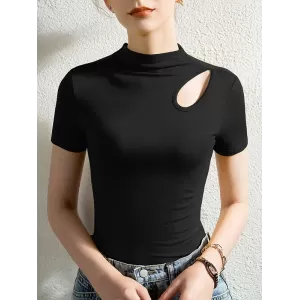 Hollow Solid Color Skinny Half Turtleneck T-Shirts Tops