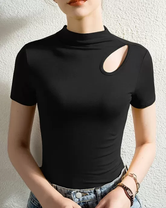 Hollow Solid Color Skinny Half Turtleneck T-Shirts Tops