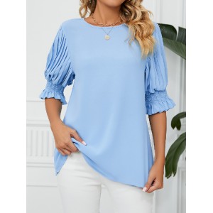 Pleated Solid Color Loose Puff Sleeves Round-Neck T-Shirts Tops