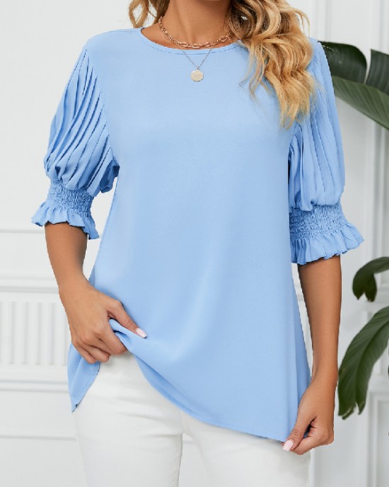 Pleated Solid Color Loose Puff Sleeves Round-Neck T-Shirts Tops