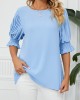 Pleated Solid Color Loose Puff Sleeves Round-Neck T-Shirts Tops