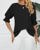 Pleated Solid Color Loose Puff Sleeves Round-Neck T-Shirts Tops