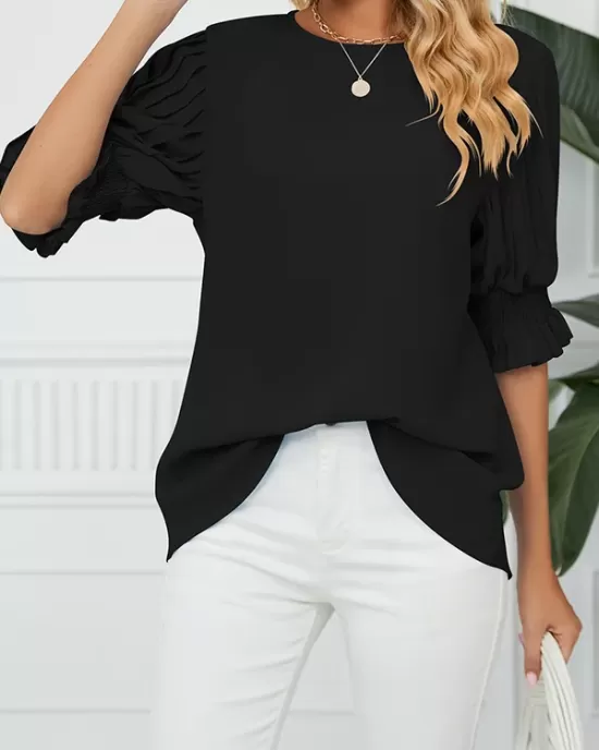 Pleated Solid Color Loose Puff Sleeves Round-Neck T-Shirts Tops