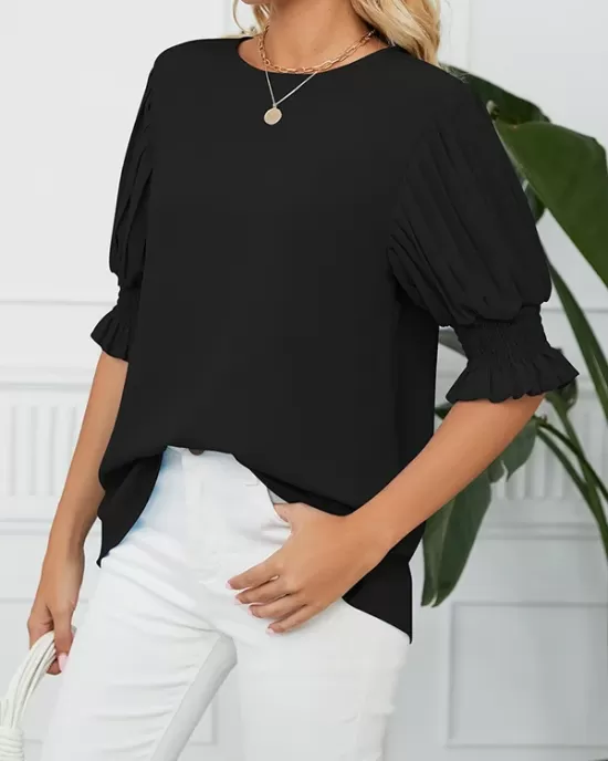 Pleated Solid Color Loose Puff Sleeves Round-Neck T-Shirts Tops