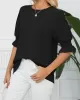 Pleated Solid Color Loose Puff Sleeves Round-Neck T-Shirts Tops