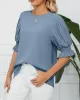 Pleated Solid Color Loose Puff Sleeves Round-Neck T-Shirts Tops