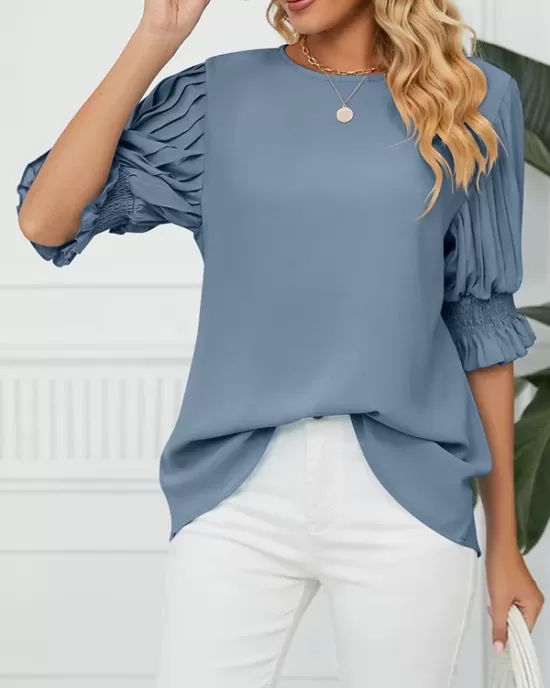 Pleated Solid Color Loose Puff Sleeves Round-Neck T-Shirts Tops