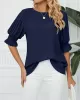 Pleated Solid Color Loose Puff Sleeves Round-Neck T-Shirts Tops