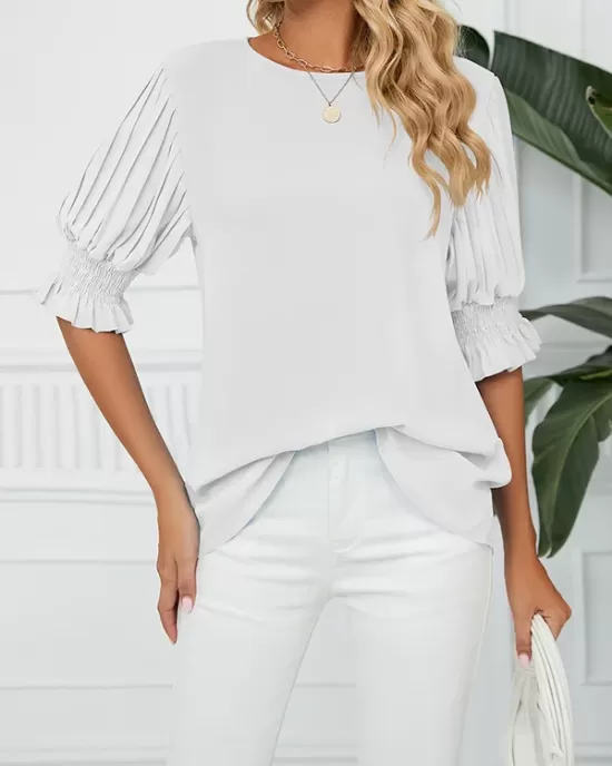 Pleated Solid Color Loose Puff Sleeves Round-Neck T-Shirts Tops