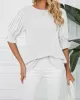 Pleated Solid Color Loose Puff Sleeves Round-Neck T-Shirts Tops