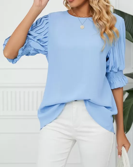 Pleated Solid Color Loose Puff Sleeves Round-Neck T-Shirts Tops