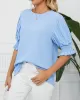 Pleated Solid Color Loose Puff Sleeves Round-Neck T-Shirts Tops