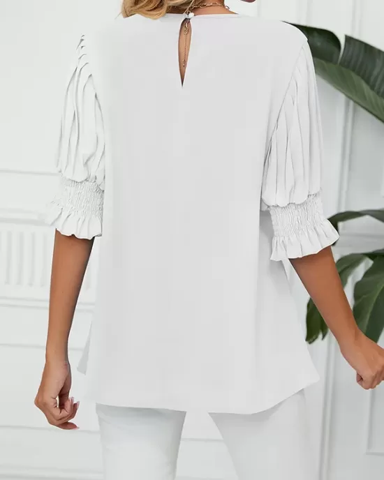 Pleated Solid Color Loose Puff Sleeves Round-Neck T-Shirts Tops