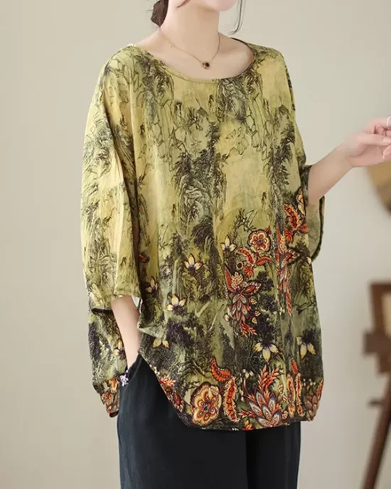 Printed Loose Short Sleeves Round-Neck T-Shirts Tops