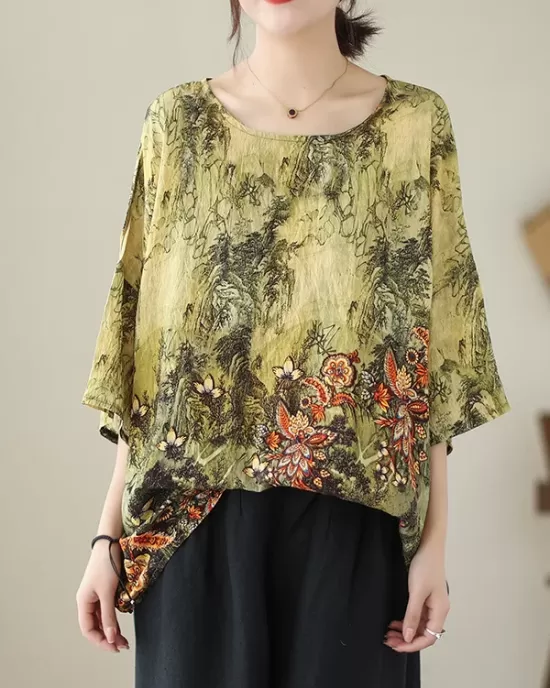 Printed Loose Short Sleeves Round-Neck T-Shirts Tops