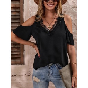 Lacy Solid Color Loose Cold shoulder T-Shirts Tops