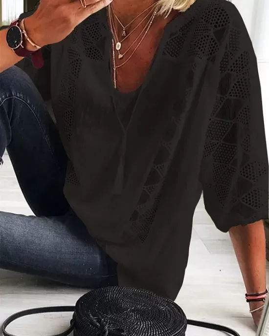 Simple Casual Hollow Lace Split-Joint U-Neck T-Shirt Top