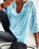 Simple Casual Hollow Lace Split-Joint U-Neck T-Shirt Top