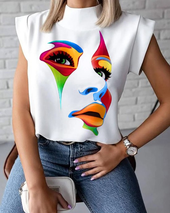 Original Casual High-Neck Cap Sleeves Face Printed T-Shirt Top