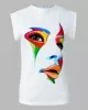 Original Casual High-Neck Cap Sleeves Face Printed T-Shirt Top