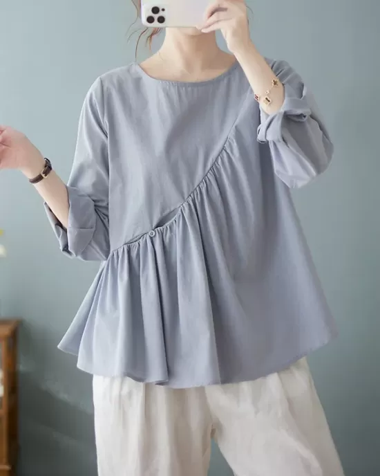 Casual Loose Long Sleeves Solid Color Round-Neck T-Shirts Tops