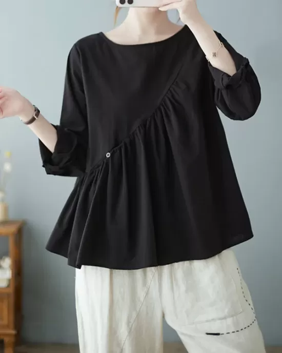 Casual Loose Long Sleeves Solid Color Round-Neck T-Shirts Tops