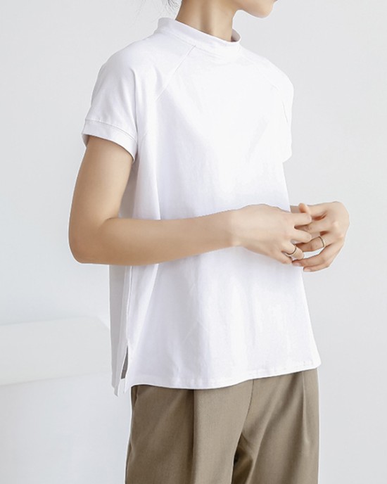 Casual Short Sleeves Loose Solid Color Stand Collar T-Shirts Tops