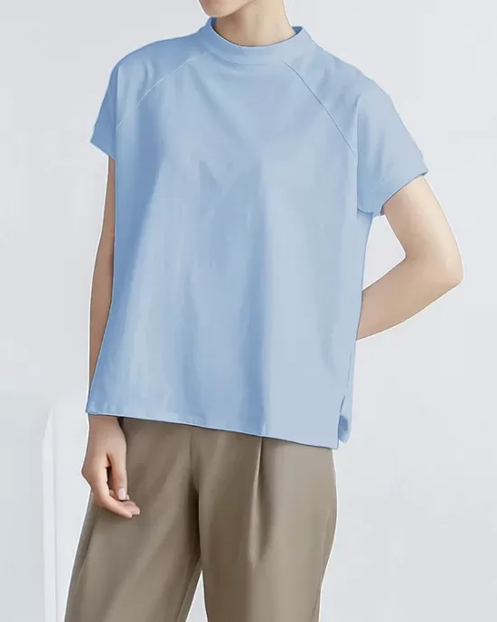 Casual Short Sleeves Loose Solid Color Stand Collar T-Shirts Tops