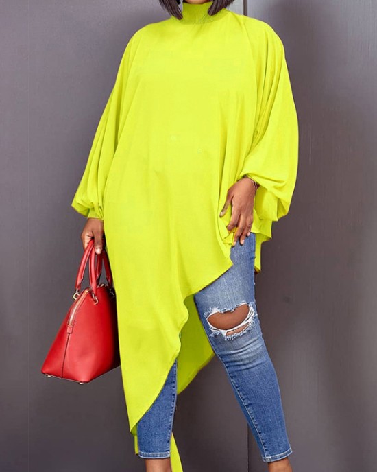 Loose See-Through Long Sleeves Asymmetric Solid Color High-Neck T-Shirts Tops