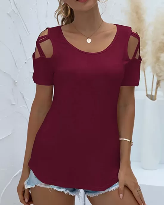 Original Creation Short Sleeves Hollow Solid Color Round-Neck T-Shirts Tops