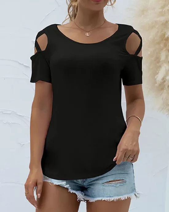 Original Creation Short Sleeves Hollow Solid Color Round-Neck T-Shirts Tops