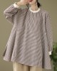 Puff Sleeves Irregularity Plaid Split-Joint Round-Neck T-Shirts Tops