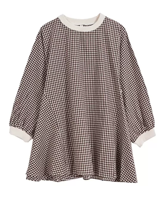 Puff Sleeves Irregularity Plaid Split-Joint Round-Neck T-Shirts Tops