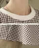 Puff Sleeves Irregularity Plaid Split-Joint Round-Neck T-Shirts Tops