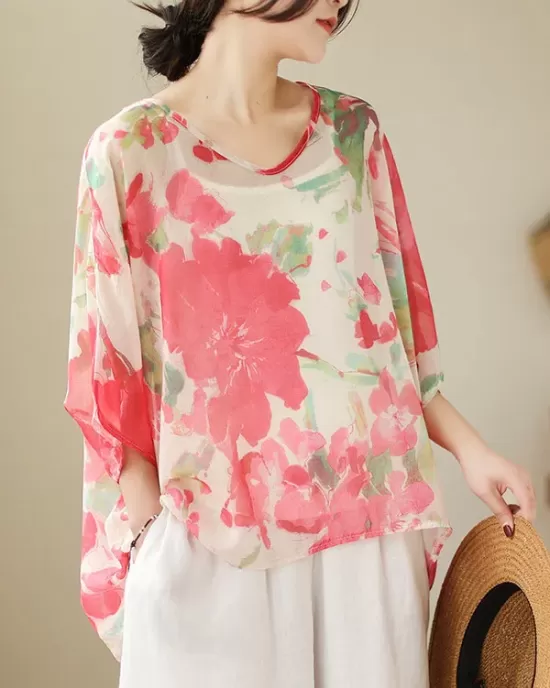 Floral Printed Loose Short Sleeves Round-neck T-shirts