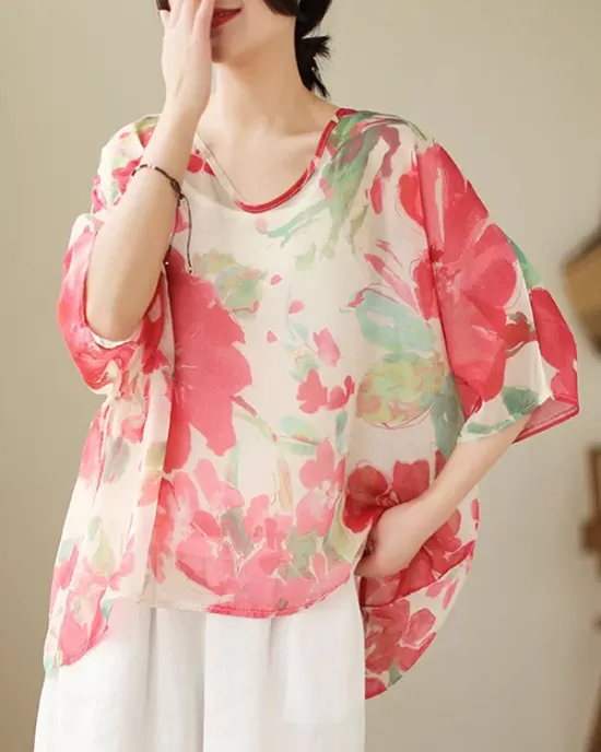 Floral Printed Loose Short Sleeves Round-neck T-shirts