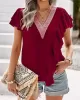 Applique Split-Joint Loose Short Sleeves V-Neck T-Shirts Tops