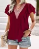 Applique Split-Joint Loose Short Sleeves V-Neck T-Shirts Tops