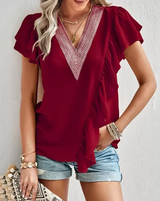 Applique Split-Joint Loose Short Sleeves V-Neck T-Shirts Tops