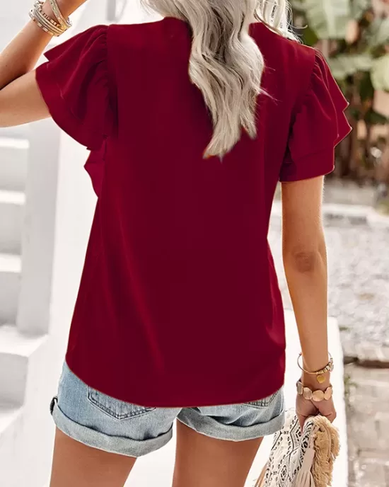 Applique Split-Joint Loose Short Sleeves V-Neck T-Shirts Tops